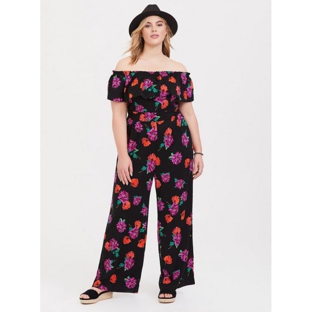Torrid Black Floral Off Shoulder Smocked Wide Leg Jumpsuit Womens Plus Size 2 2X